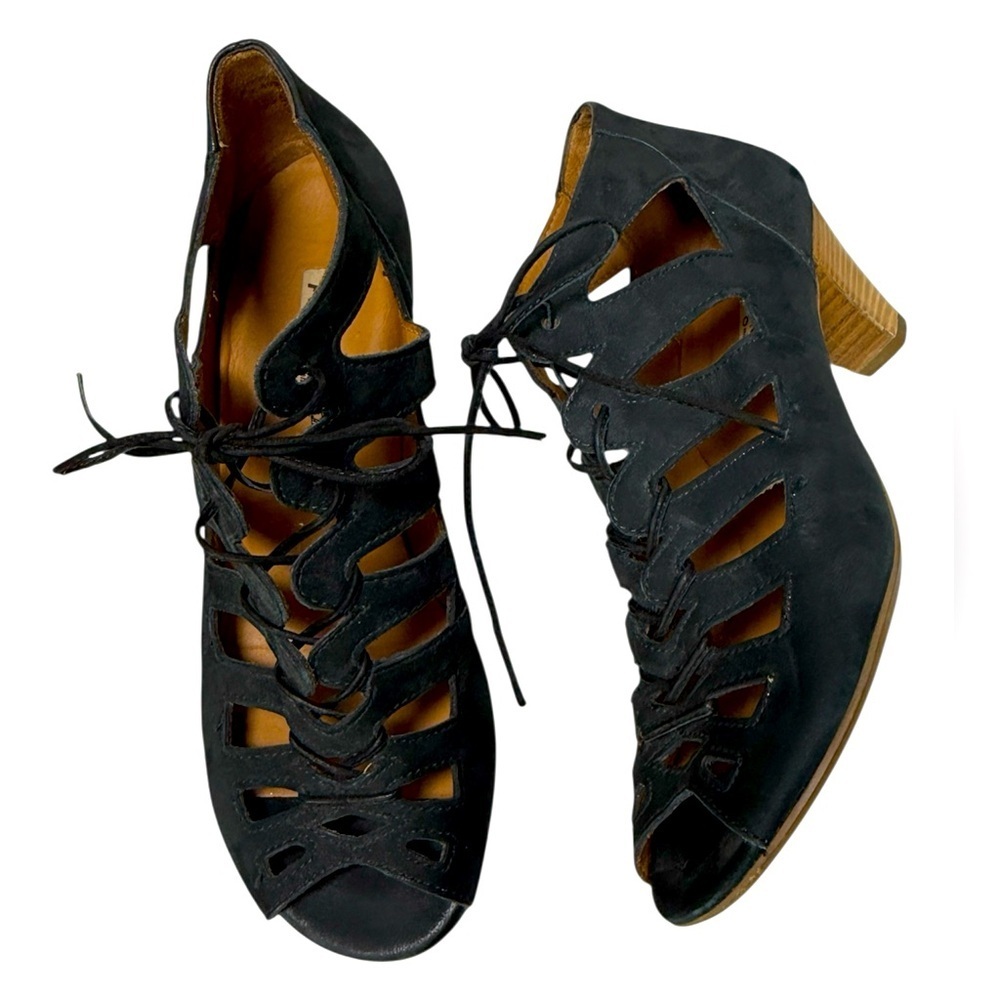 Paul Green Black Cutout Lace-up Heeled Sandals Sz 7